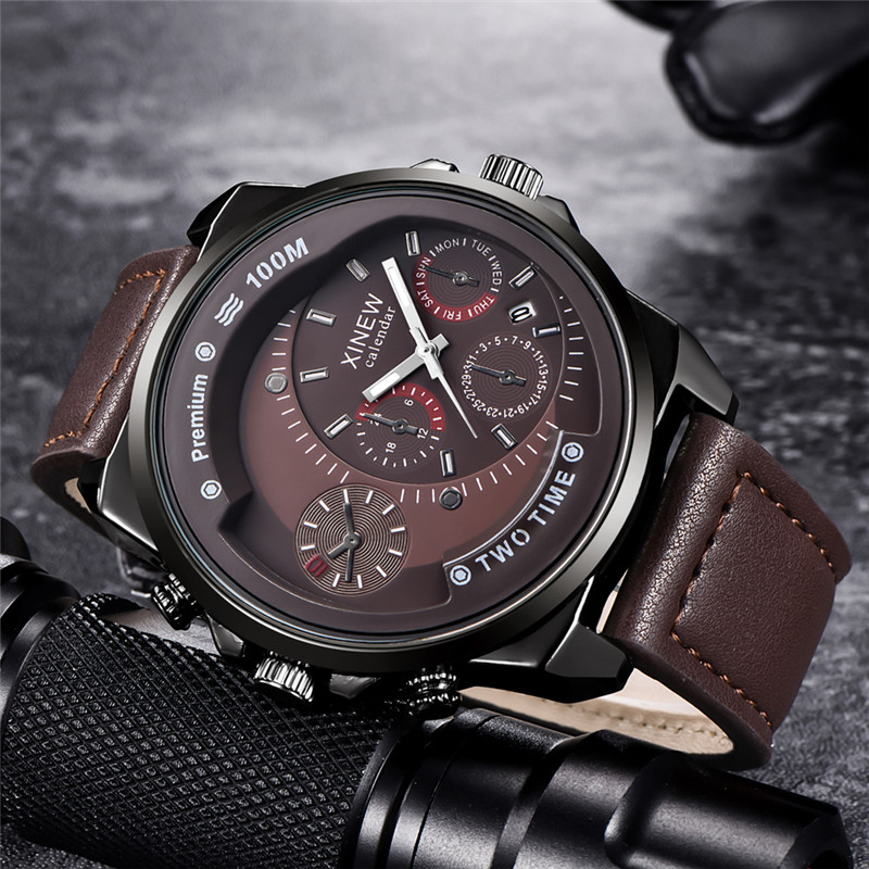 Leather Watch Band Men - Zegarki męskie marki XINEW, czarne, młodzieżowe,